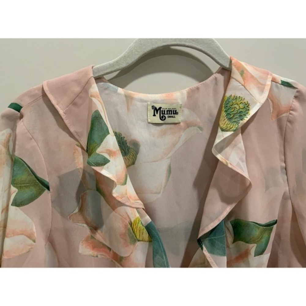 Show Me Your Mumu Pink Magnolia Floral Ruffle Wrap Mini Dress Small - Picture 8 of 17